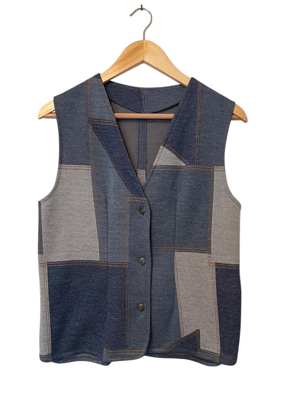 VTG Handmade Patchwork Blue & Gray Sleeveless Button Vest Grandpa Retro Boho EUC